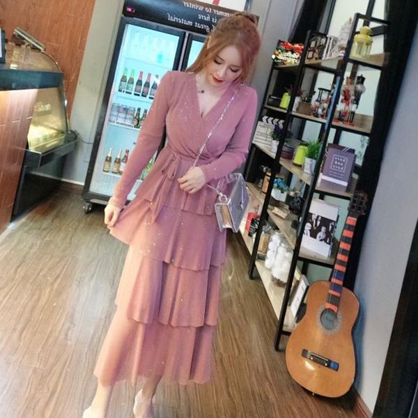 

fashion sweet light mature elegant dress 2020 autumn new mesh sequined cake long skirt womens fashion, White;black