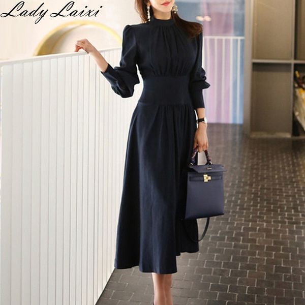 

2019 spring solid a-line dress women plus size navy blue full puff sleeve stand neck casual office dress elegant work dresses, Black;gray