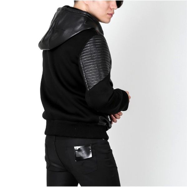 

italy brand mens suede leather patchwork hoody bomber jacket sheepskin genuine leather casual outerwear coats motorcycle jacket, Black