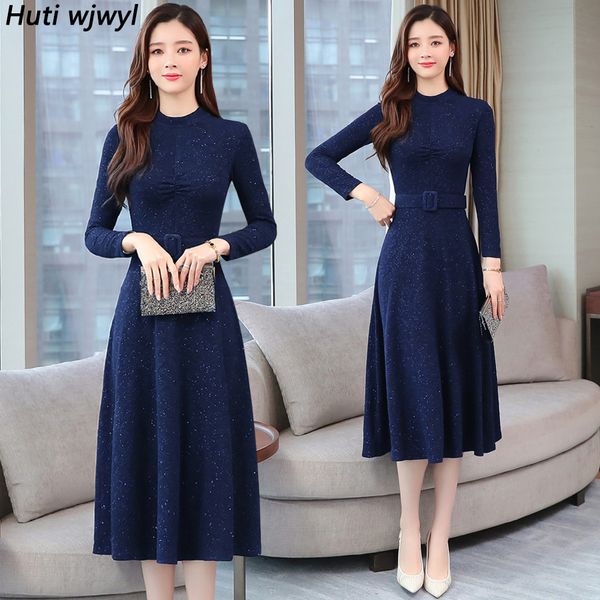 

2019 vintage blue long sleeve midi dresses autumn winter 2xl plus size solid women bodycon dress elegant party female dresses, Black;gray