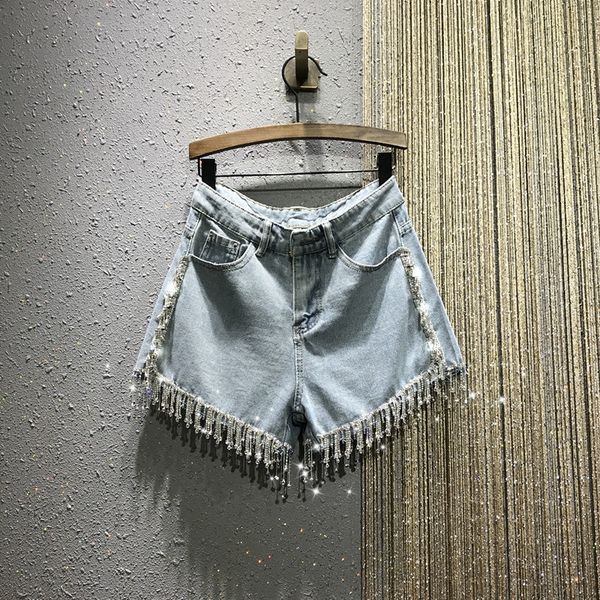 

european station 2020 spring and summer new rhinestone chain tassel high waist loose denim shorts female shorts women, Blue