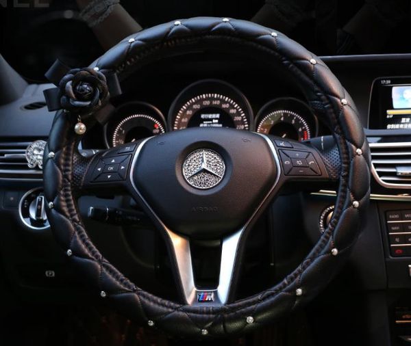 

38cm car with drilled pearl steering wheel sleeve, four seasons flower black and white personality leather handlebar sleeve for women