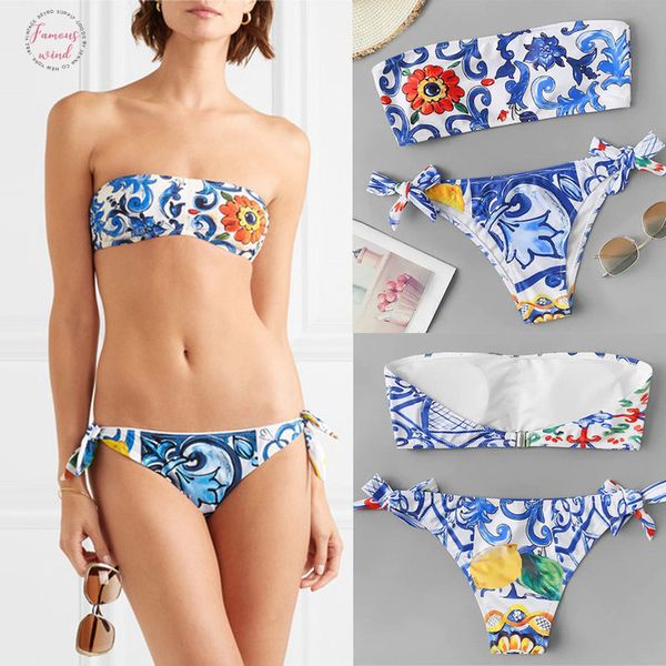

bikinis 2020 mujer swimsuit blue bandeau bikini set tropical tube print swimwear women biquini swimming suit for women, White;black
