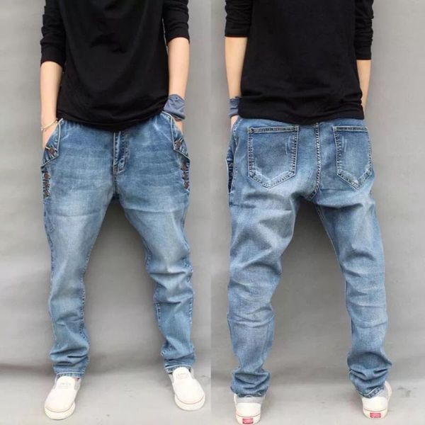 

men's jeans ly designer fashion men loose fit elastic harem pants hombre wide leg trousers size -8xl streetwear hip hop, Blue
