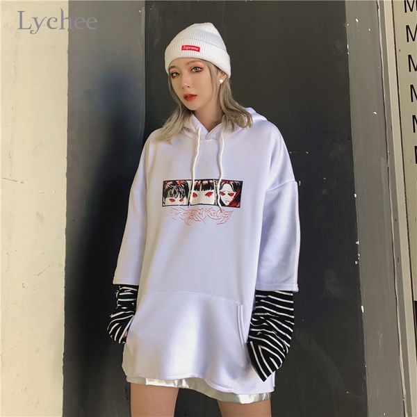 

lychee harajuku character women fleece hooded sweatshirts fake 2 pieces loose female pullovers spring autumn winter lady, Black