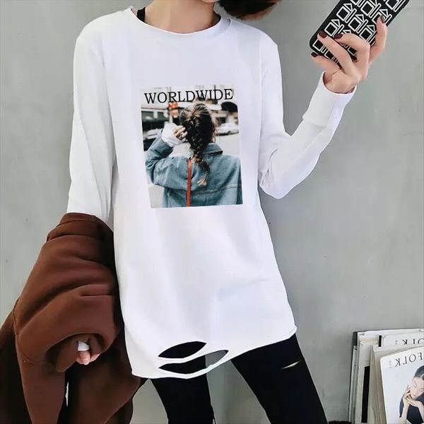 

ancient adier season fat mm large size women's solid color women's loose printing t-shirt long sleeve round collar t-shirt, White
