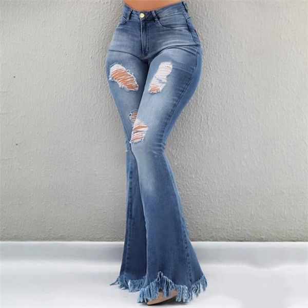 

women flare jeans high waist fringe denim skinny pants woman stretch jeans female wide leg bell bottoms clothes, Blue