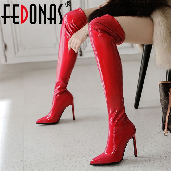 

fedonas winter warm female long boots patent leather women over the knee boots classic pointed toe night club shoes woman, Black