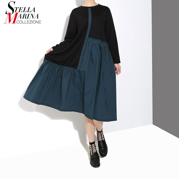 

new 2020 korean style women apparel green patchwork long dress mid calf length a-line ladies cute casual dress robe femme 4669, Black;gray