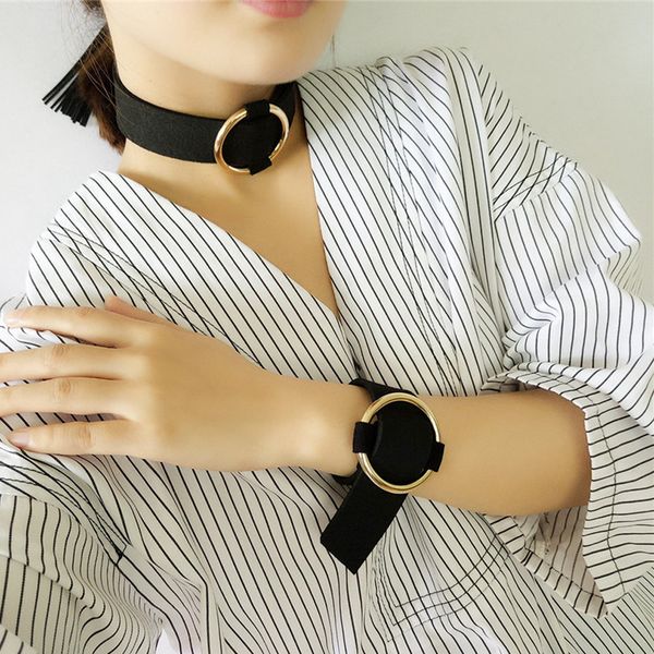 

women leather belt bracelet punk cool round wide bangle cuff wristband, Black