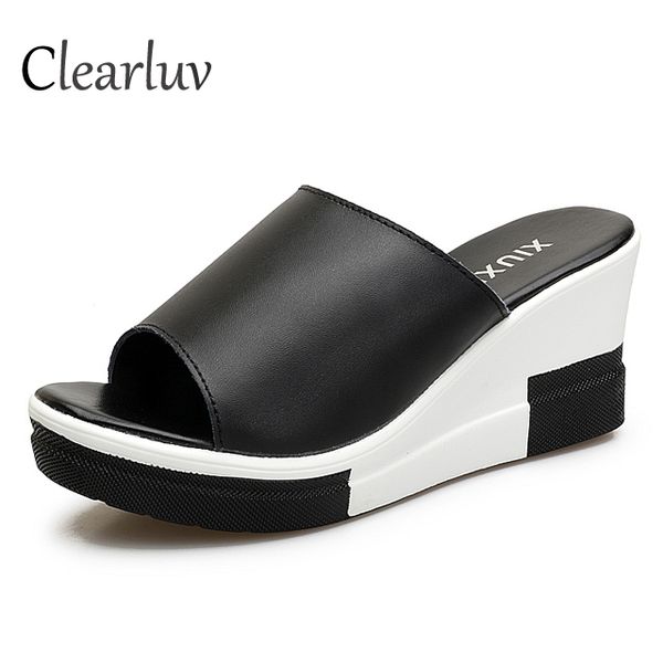 

wedge slippers summer new fish mouth thick bottom wild muffin bottom sandals fashion wear black and white one-piece sandalsc1271