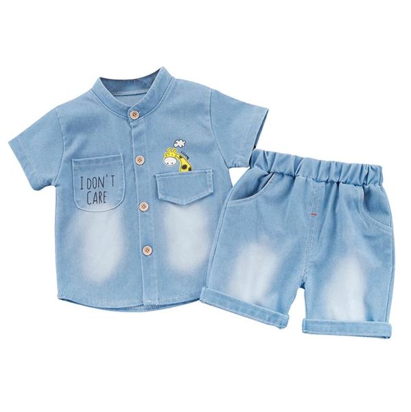 

2pcs / комплект baby boy летом с коротким рукавом детские наборы хлопок мультфильм pattern мода denim рубашка + брюки дети повседневные прох, White