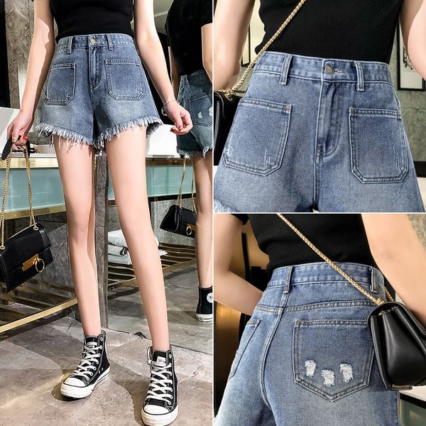 

large size denim shorts student korean-style loose burrs pants 200 of fat mm large size high-waisted a- line pants, Blue