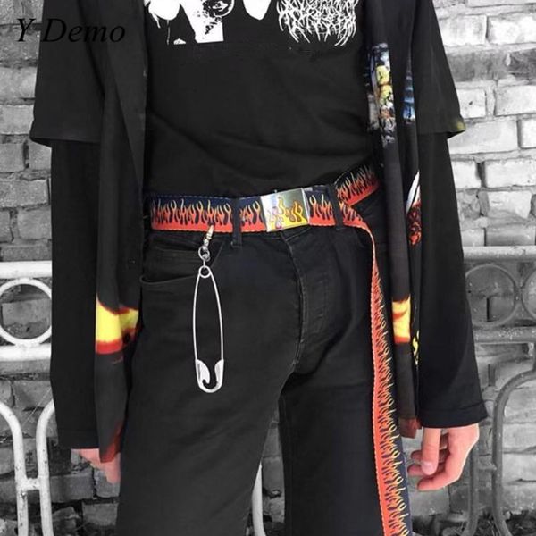

harajuku grunge girl flame printing adjustable buckle belt, Black;brown