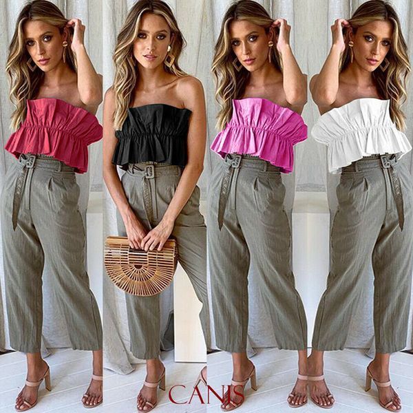 

women sleeveless solid tank vest ruffle sleeveless crop shirt ladies summer casual off shoulder, White