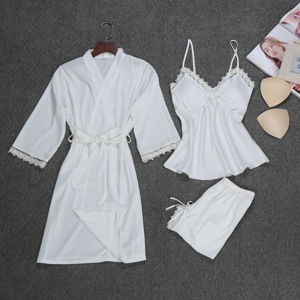 

ladies silk satin sleepwear set lace robe pajama set 3 pieces summer nightwear home clothing for women, Blue;gray
