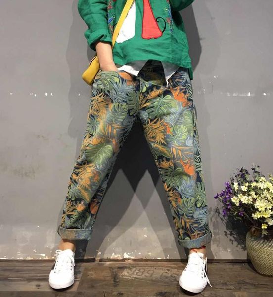 

spring jeans women loose elastic waist print pattern denim pants 2018 ladies new retro casual vintage denim trousers, Blue