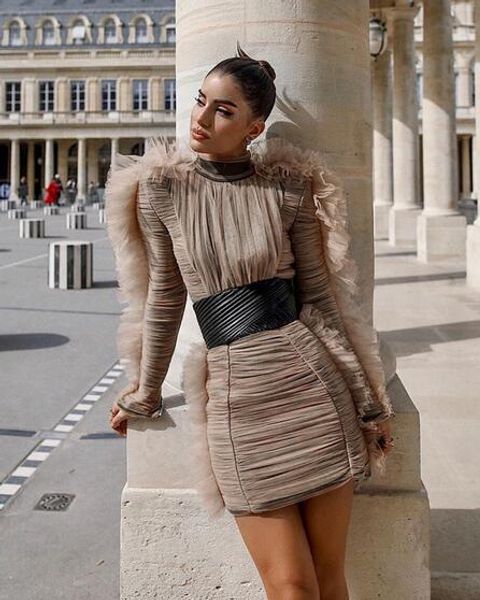 

european tide brand new fashion slim girdle stand collar lace sleeves fold mesh gauze stitching retro dress, Black