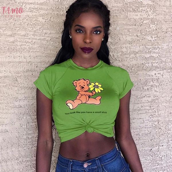 

harajuku летняя мода crop tops смазливая печати женская летняя повседневная медведь печать вокруг шеи топ майка сорочка femme 2019 горячие п, White