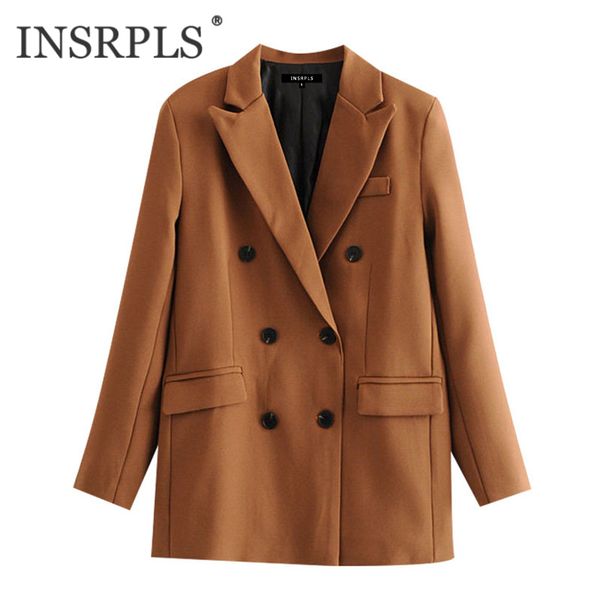 

insrpls women chic fashion double breasted basic blazer coat vintage long sleeve pockets female outerwear chic, White;black
