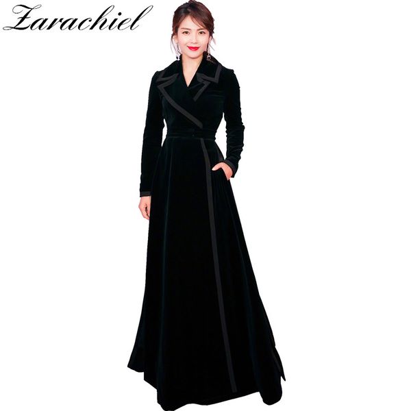

new 2017 winter runway designer women vintage notched collar wrap black velvet maxi coat thick warm long trench coat outwear, Tan;black