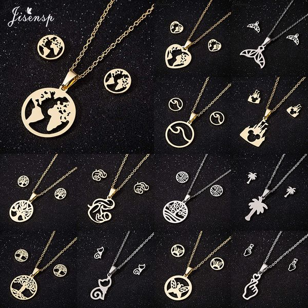 

jisensp vintage map stainless steel jewelry sets simple round earth necklace earrings fashion jewelry for women girls gift, Silver