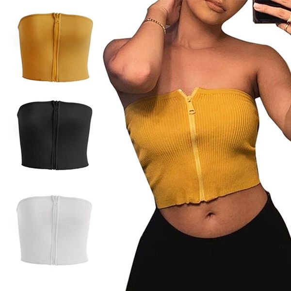 

женщины solid boat neck crop short tube top передняя молния мода non скольжения streetwear slim fit summer sexy топ, White