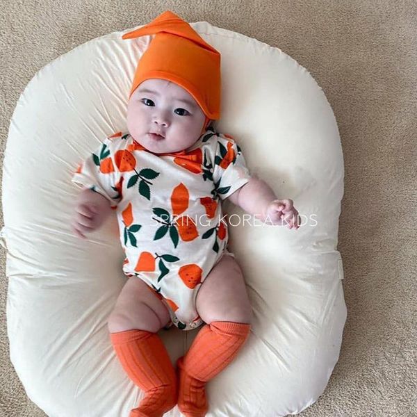 

летние тонкие детская одежда мультфильм мальчиков bodysuits симпатичные лимонный печати infant девушки комбинезон с hat девочка одежда, Blue