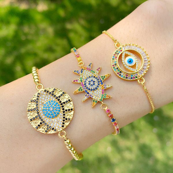 

popular unique multicolor cubic zirconia lucky evil eye bracelet for women slider chain turkish eyes charms bracelets jewelry, Golden;silver
