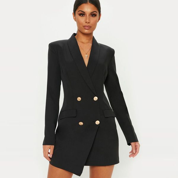 

solid long sleeve women autumn office blazer suit 2019 casual two -row bag long coat ladies style blazer overcoat, White;black