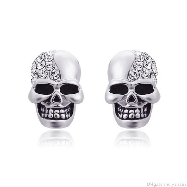 

punk skull stud earrings crystal rhinestone for women men vintage couple skeleton earrings hip hop ear studs jewelry halloween gifts, Golden;silver