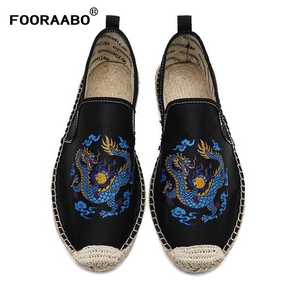 

fooraabo new 2018 chinese elements dragon totem men's canvas flats shoes summer breathable male loafers footwear driving shoes, Black