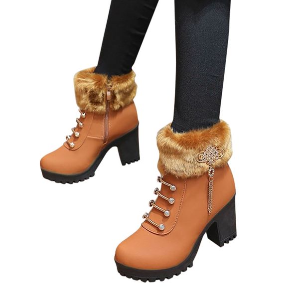 

women vintage boots and shoes square heels warm plush boots fashion womens booties 2121 zapatos de mujer, Black