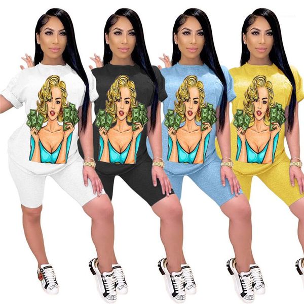 

short sleeve knee length pants women clothes cartoon print womens designer tracksuits natural color fashion suits, Gray