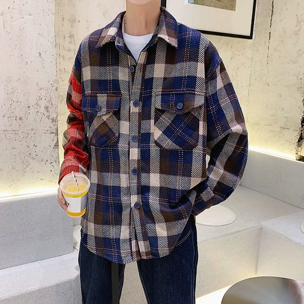 

2019 autumn new plaid shirt male korean version thick loose casual handsome long-sleeved port wind ins streetwear coat blue, White;black