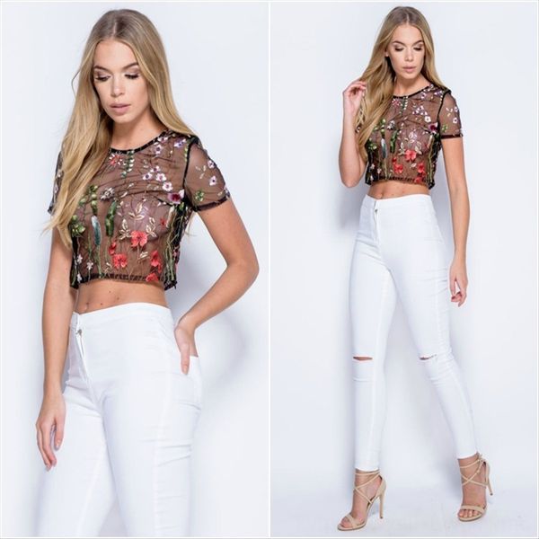 

сетка распечатанного верхнего женской mesh t-shirt женщины напечатанных футболки вышивки вышивка топ, White