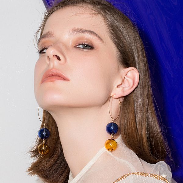 

unique original design gold tone colorful double glass balls hoop earrings for women 2018 dreamlike bubble long earrings, Golden;silver
