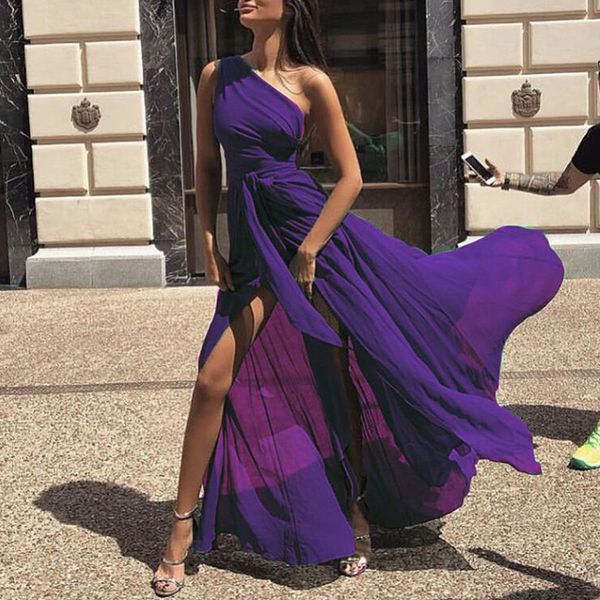 

oblique collar femme vestidos chiifon women dress high split soft maxi new fashion elegant, Black;gray