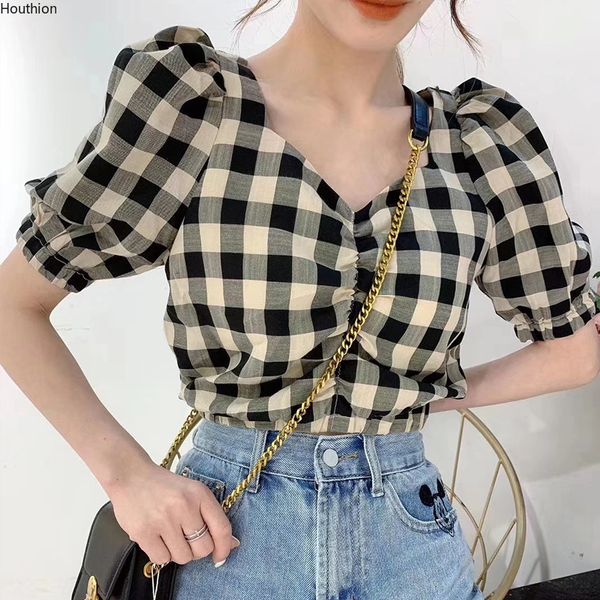 

houthion women's blouse shirt slim fit short sleeve check summer new shirt blouse fashion casual v-neck plaid short, White