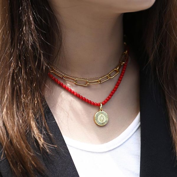 

new fashion necklace red coral beaded round initial a-z letter pendant choker necklace for women girls name jewelry gift dn188, Silver