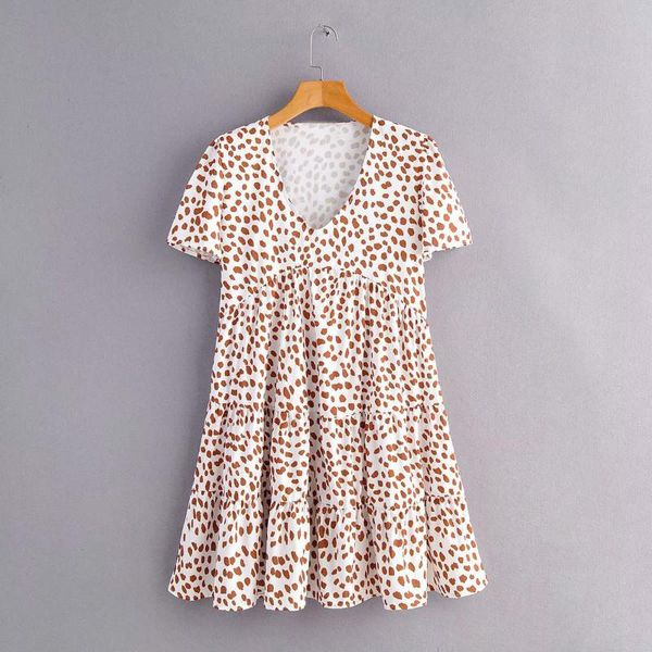 

western style women's dress 2020 summer new style v-neck leopord pattern printed flounced short-sleeve dress, White;black