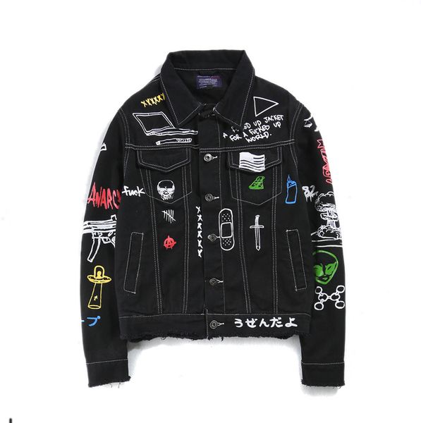 

2020 new mens jeans jacket men streets doodle denim coat male motorbike jean coat jackets hip hop outwear men clothing, Black;brown