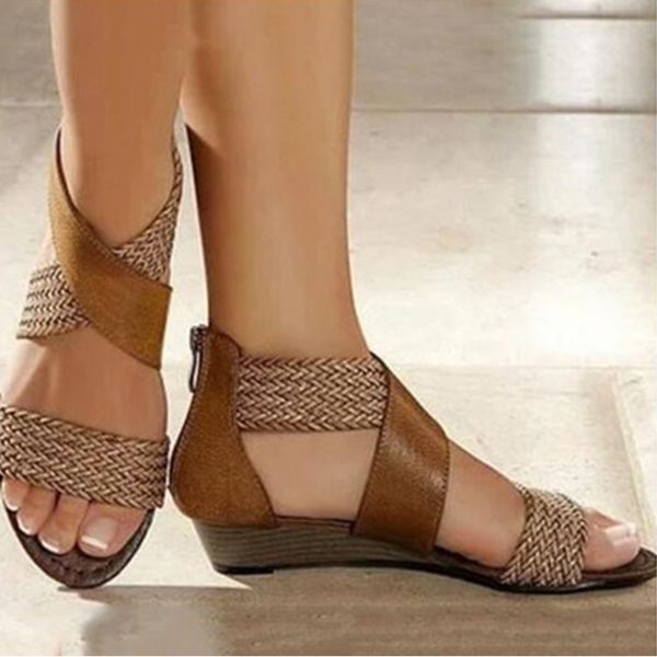 

2020 woman sandals zippers female mixed colors cross tied shoes women open toe wedges ladies fashion footwear plus size, Black