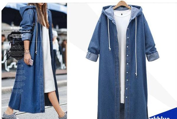 

spring and autumn new women's windbreaker large size loose long-sleeved denim long coat, Tan;black
