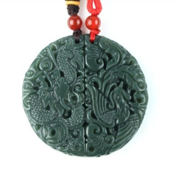 

women necklace pendant green hetian jade carved dragon phoenix pendant gift for men lover's fine jade jewelry, Silver