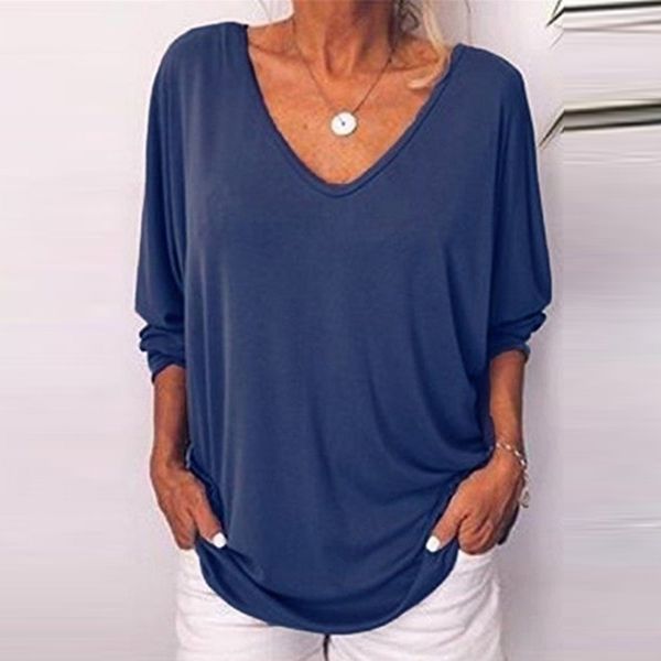 

2020 new women loose three quarter sleeve mujer plus size casual back button bat v neck solid t-shirt tunic summer, White