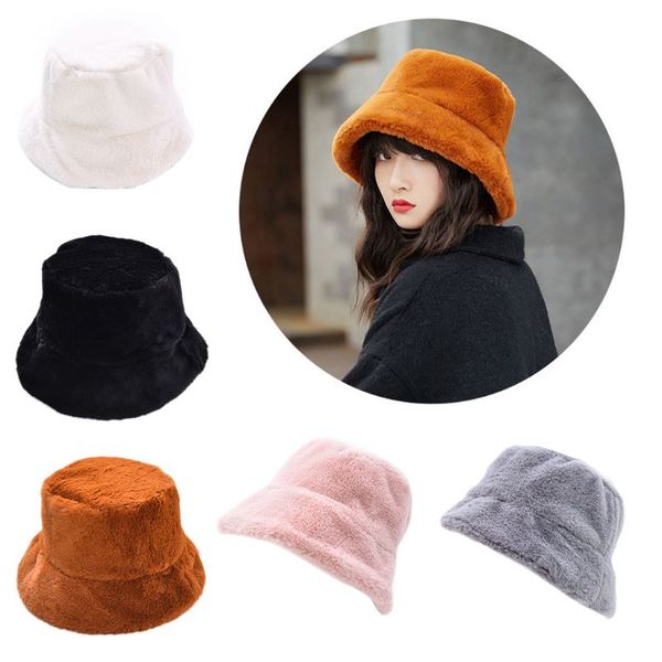 

womens winter thicken fluffy plush fisherman cap solid color wide brim sun hat 35ef, Blue;gray