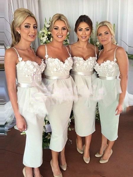 

unique tea length sheath bridesmaid dresses summer spaghetti strap appliques floral with peplum maid of honor gowns for formal evening girls, White;pink