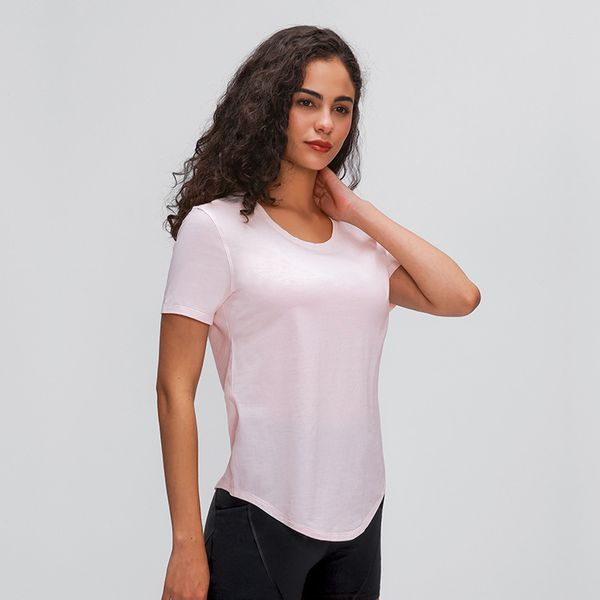 

lu-05 summer new solid color waist yoga short-sleeved t-shirt lightweight cotton moisture wicking running sports fitness shirt female, White;red