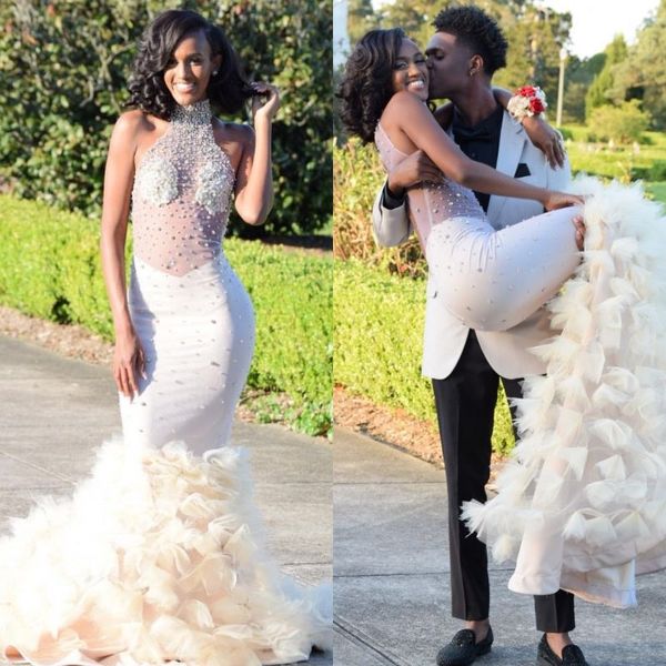 

halter neck pearls beaded illusion prom dresses open back sweep train ruched white mermaid evening gowns, Black